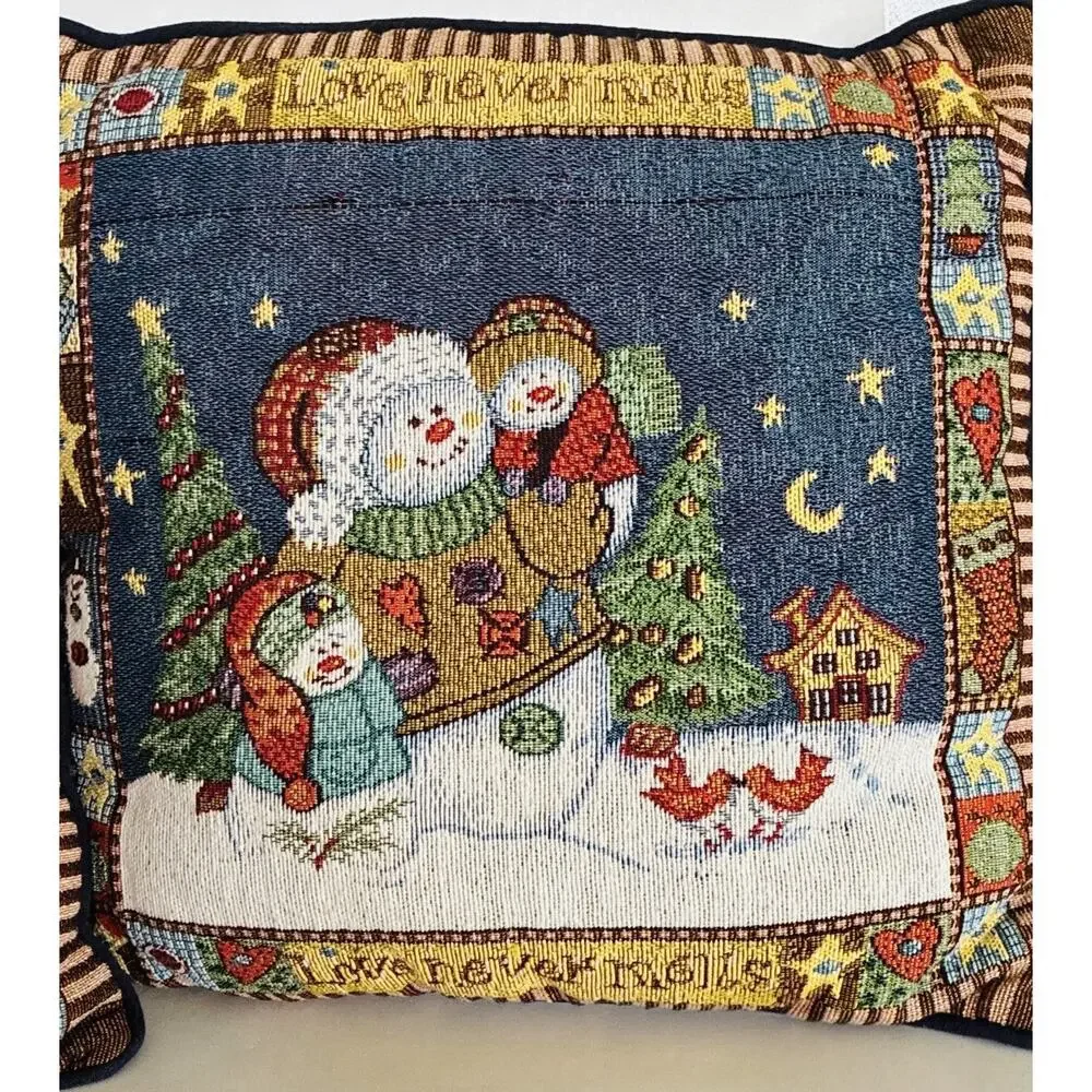 Two Vintage Tapestry Christmas Snow Family Love Never Melts Decorative Pillows